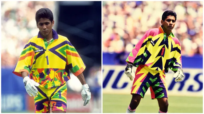 Dieses Tormanntrikot von Jorge Campos machte ihn zur Legende. Der mexikanische Torhüter, der auch manchmal als Stürmer zum Einsatz kam, entwarf seine Trikots selber. Inspirieren ließ er sich von seiner Heimat in Acapulco. Die bunten und zu groß geschnittenen Dressen sollen seine Verbundenheit zu Surfern zeigen.