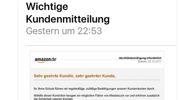 Das betrügerische Schreiben orientiert sich am Auftritt von Amazon. Deshalb können es Empfänger auf den ersten Blick für echt halten