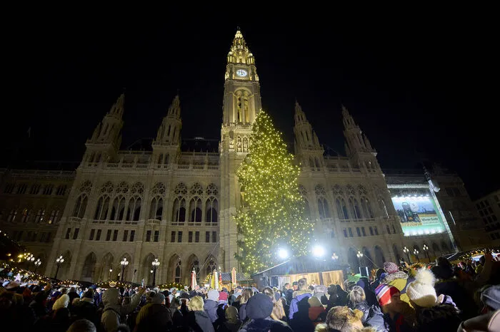 Nach Einbruch der Dunkelheit brachte Bürgermeister Michael Ludwig per Knopfdruck die Lichter am Baum pünktlich um 17.30 Uhr zum Leuchten.