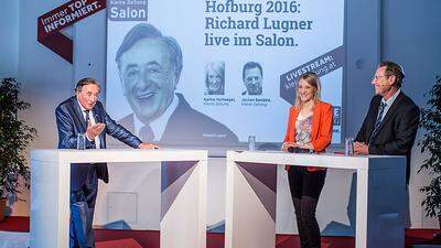Richard Lugner (links) im Kleine Zeitung Salon; Karina Hartweger und Jochen Bendele moderierten