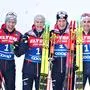 ABD0264_20250307 - TRONDHEIM - NORWEGEN: (v.l.) Die Silbermedaillengewinner Franz-Josef Rehrl (AUT), Johannes Lamparter (AUT), Martin Fritz (AUT).Fabio Obermeyr (AUT) am Freitag, 07. März 2025, im Ziel des Nordische Kombination Teambewerbs der Männer 4 x 5 km Staffel anl. der Nordischen Ski WM in Trondheim. - FOTO: APA/GEORG HOCHMUTH