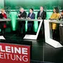 Die Diskussionsrunde: Moderatoren Ernst Sittinger und Claudia Gigler mit Hermann Schützenhöfer, Michael Schickhofer, Mario Kunasek, Sandra Krautwaschl, Claudia Klimt-Weithaler und Niko Swatek
