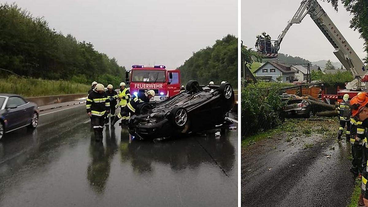 Regen und Gewitter halten seit Tagen die Einsatzkräfte auf Trab. Links: Unfall auf der A2. Rechts: Baum stürzte in Eisbach-Rein auf Auto und Haus