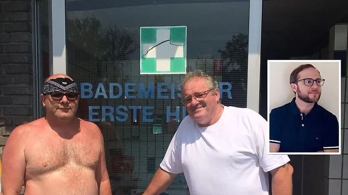 Kardiologe Stefan Prisker (kleines Bild rechts), Uwe Schenk und Betriebsleiter Franz Resch