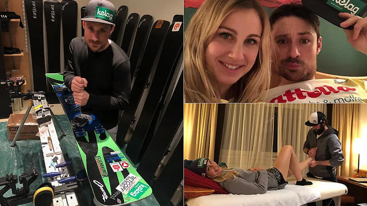 Alex Payer tüftelt am Renntag noch an seinem Board (links), Die letzten Wehwehchen sind weg: Schöffmann mit Physio Wieser (unten rechts), Selfies gehören zum Pflichtprogramm.