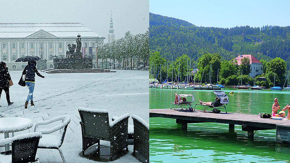 Zwischen den beiden Fotos liegt ein Monat. Ende April lag in Klagenfurt Schnee, ab Mitte Mai lockte der Wörthersee zum Baden