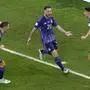 Argentina's Alexis Mac Allister, center, celebrates after scoring his side's opening goal during the World Cup group C soccer match between Poland and Argentina at the Stadium 974 in Doha, Qatar, Wednesday, Nov. 30, 2022. (AP Photo/Hassan Ammar)