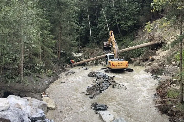 Mit schwerem Gerät werden umgefallene Bäume entfernt.