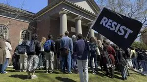 Students, faculty and members of the Harvard University community rally, Thursday, April 17, 2025, in Cambridge, Mass. (AP Photo)