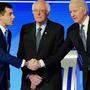 Pete Buttigieg mit Bernie Sanders und Joe Biden (von links nach rechts)