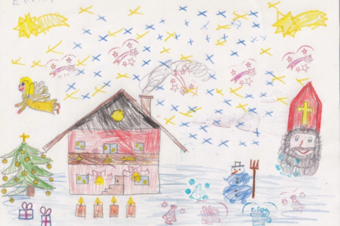 Ein wunderschön geschmücktes Haus mit Nikolaus, Christkind und Adventkranz bereichert den Adventkalender am 3. Dezember.