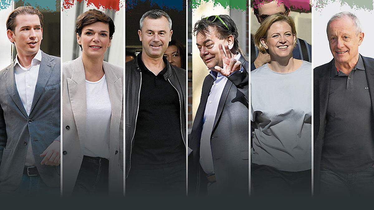 Die Spitzenkandidaten nach der Stimmabgabe am Sonntag: Kurz, Rendi-Wagner, Hofer, Kogler, Meinl-Reisinger, Pilz