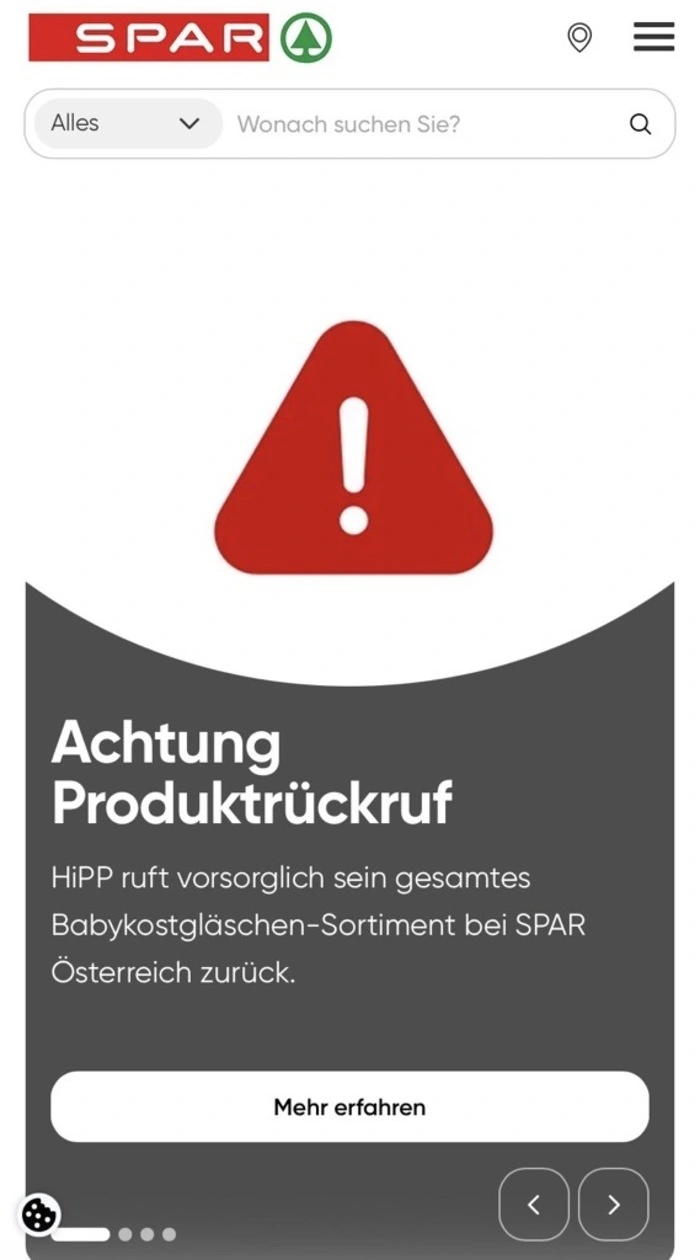 Spar warnt auf der Website und weist auf den Produktrückruf hin