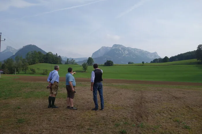Bauer Sepp Oberfrank, der Landwirtschaftskammerobmann Liezen, Peter Kettner und der Bad Ausseer Bürgermeister Franz Frosch beim Lokalaugenschein
