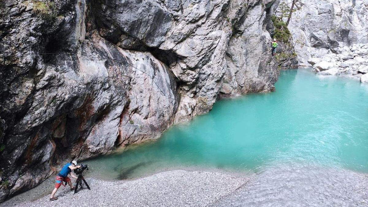 Dreharbeiten am Klettersteig Adreanlin in der Galitzenklamm