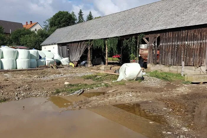 Ein Wagen wurde durch einen Stall geschoben.