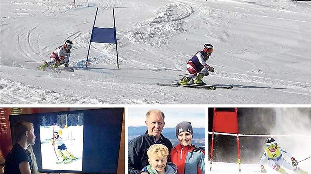 Paraskirennläuferin Elina Stary mit Guide und Mama Petra (oben). Stolz sind Papa Roman und Bruder Rafael (Mitte). In Teamarbeit analysiert Elina vor dem Fernseher  ihre Technik, um Fehler in Zukunft korrigieren zu können (links)