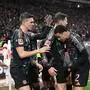 Bayern Munich's German midfielder #08 Leon Goretzka (C) celebrates scoring his team's second goal with team mates Bayern Munich's English forward #09 Harry Kane (L), Bayern Munich's English defender #15 Eric Dier (R) and Bayern Munich's German midfielder #42 Jamal Musiala (2R) and others during the German first division Bundesliga football match between VfB Stuttgart and FC Bayern Munich in Stuttgart, southwestern Germany on February 28, 2025. (Photo by THOMAS KIENZLE / AFP) / DFL REGULATIONS PROHIBIT ANY USE OF PHOTOGRAPHS AS IMAGE SEQUENCES AND/OR QUASI-VIDEO