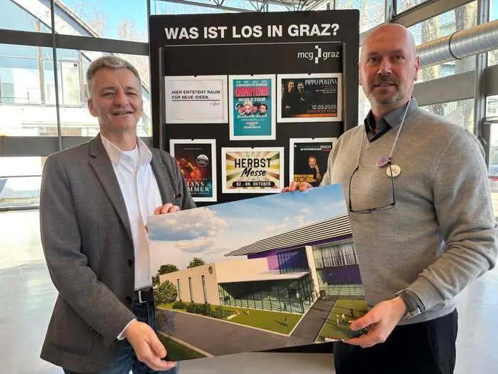 Ullrich (rechts) und Eber mit einer Computervorschau zur Steiermarkh...  Pardon, zum Plenarsaal