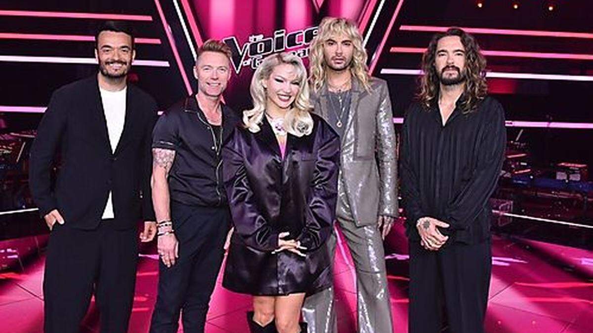 13. Staffel der Castingshow | Die Coaches von links: Giovanni Zarrella, Ronan Keating, Shirin David, Tom und Bill Kaulitz