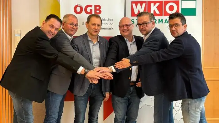 v.l.: ÖGB-Regionalsekretär Thomas Wiedner, Voitsbergs Bürgermeister Bernd Osprian, ÖGB-Regionalvorsitzender Kurt Christof, WKO-Regionalstellenobmann Peter Sükar, Köflachs Bürgermeister Helmut Linhart, WKO-Regionalstellenleiter Lukas Kalcher