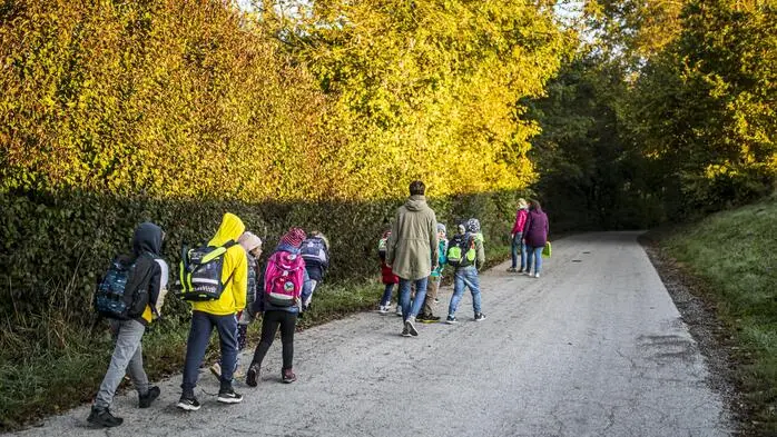 Kleine Kinder gehen an einem goldenen Herbsttag einen Weg entlang