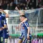 HARTBERG,AUSTRIA,09.MAR.25 - SOCCER - ADMIRAL Bundesliga, TSV Hartberg vs SK Rapid Wien. Image shows the rejoicing of Benjamin Markus, Muharem Huskovic, Furkan Demir and Elias Havel (Hartberg).
Photo: GEPA pictures/ Armin Rauthner