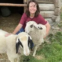 Sonja Gollenz, Zoologin am Wilden Berg Mautern, mit den Brillenschafen Max und Moritz