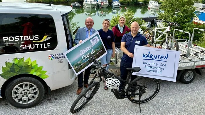Eduard Urabl (Projektleiter Postbus-Shuttle Südkärnten), Nicole Malle (KSL-Tourismusregion – Aktiv-Card), Bernadette Hanschur (KSL-Tourismusregion – Mobilität), Robert Karlhofer (Geschäftsführer der Tourismusregion Klopeiner See – Südkärnten – Lavanttal)