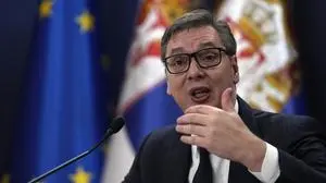 Serbian President Aleksandar Vucic speaks during an annual public address in Belgrade, Serbia, Wednesday, Jan. 4, 2023, amid recent tensions in Kosovo and a difficult economic situation. (AP Photo/Darko Vojinovic)