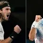 Stefanos Tsitsipas (links) fordert Novak Djokovic