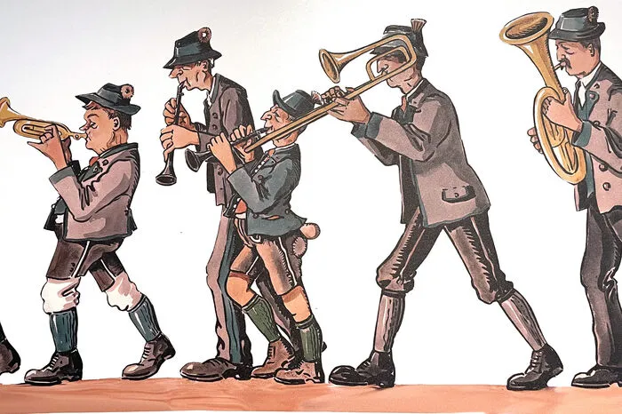 Hans Gielge: Liebe zu Detail und treffsichere Darstellung der Charaktere, Original im Besitz der Familie Laimer, Karikaturen-Sonderaussstellung Kammerhof Museum Bad Aussee