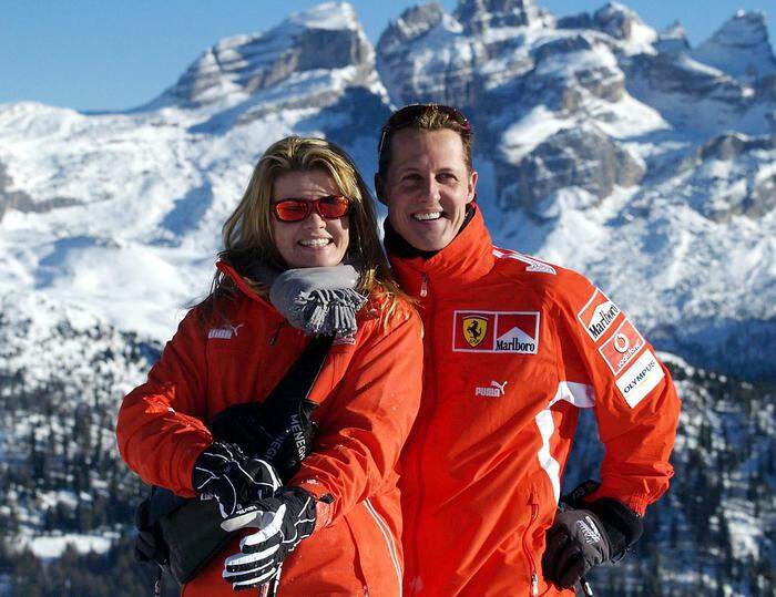 Das Ehepaar Schumacher beim Skifahren in Madonna di Campiglio (Italien) im Jänner 2004