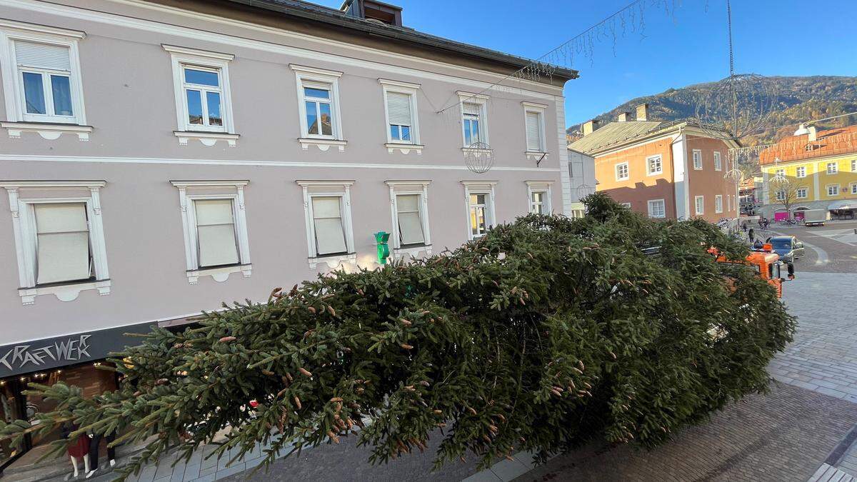 Am Morgen wurde der Baum mit einem Laster durch die Einkaufsstraße hindurch angeliefert