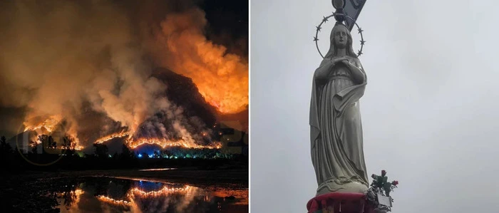 Links sieht man ein Bild des Waldbrandes bei Nacht, rechts die Marienstatue