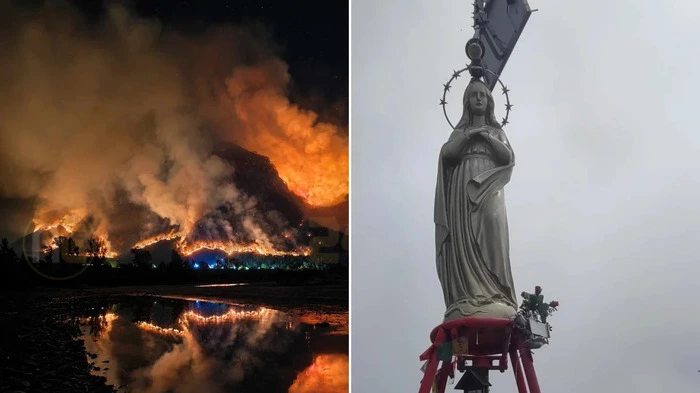 Links sieht man ein Bild des Waldbrandes bei Nacht, rechts die Marienstatue