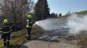 Man sieht Feuerwehrleute, wie sie Wasser spritzen | Die angeforderten Feuerwehrleute konnten den Brand löschen