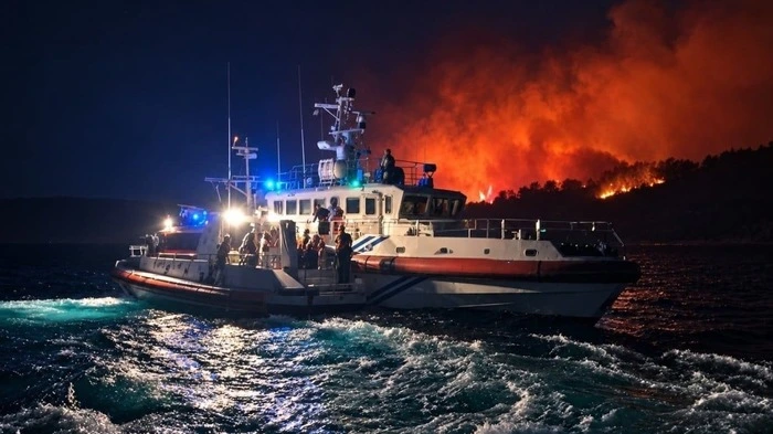 Die Rettungsboote sind im Brandgebiet unterwegs