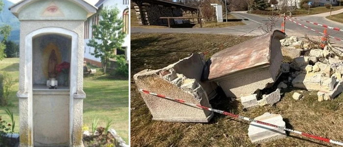 Trauriges Vorher-Nachher: Der Bildstock mit kleinem Altarraum und das, was davon übrig blieb