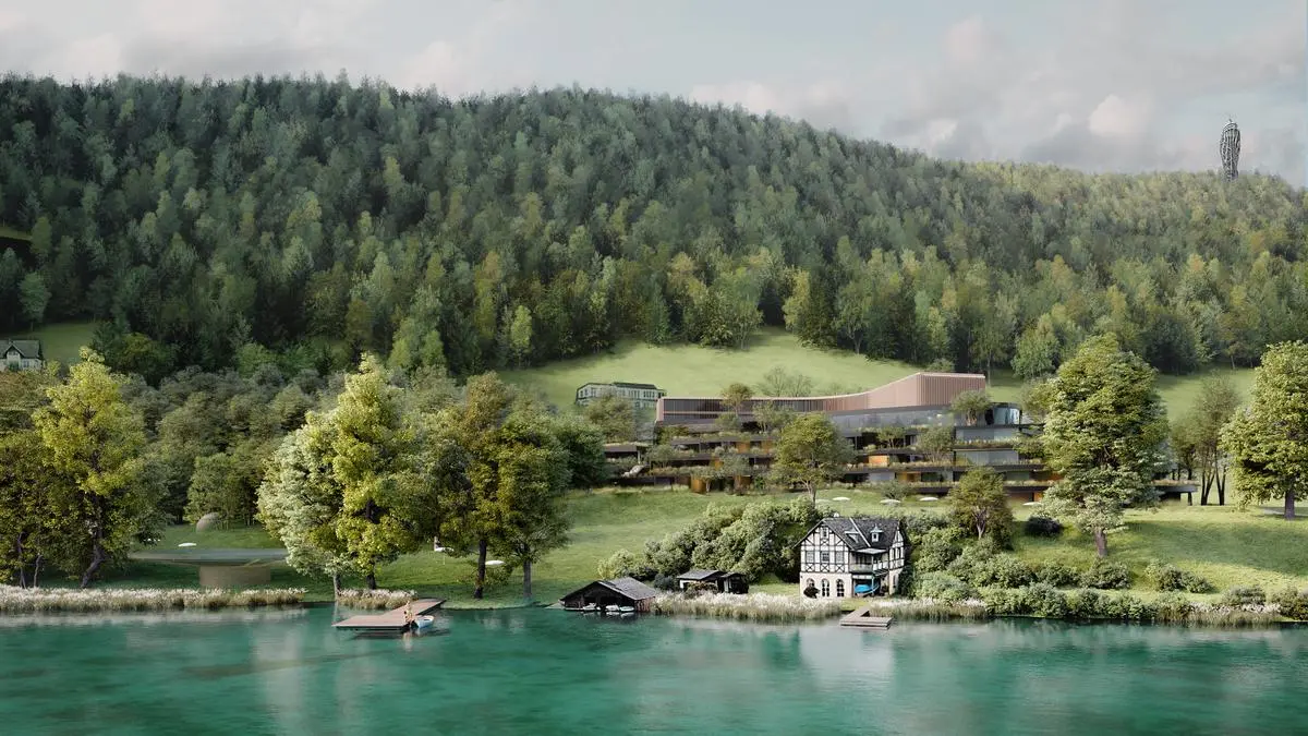So soll der Südosten von Maria Wörth bald aussehen. Geht es nach den Plänen der Investoren, wird das leerstehende Seehotel Wörth dem „Wayfarer Club“ Platz machen