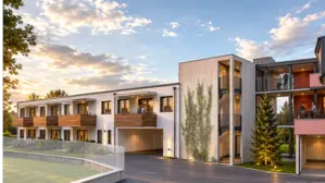 Man sieht einen Plan mit einem Altbau und einem modernen Neubau