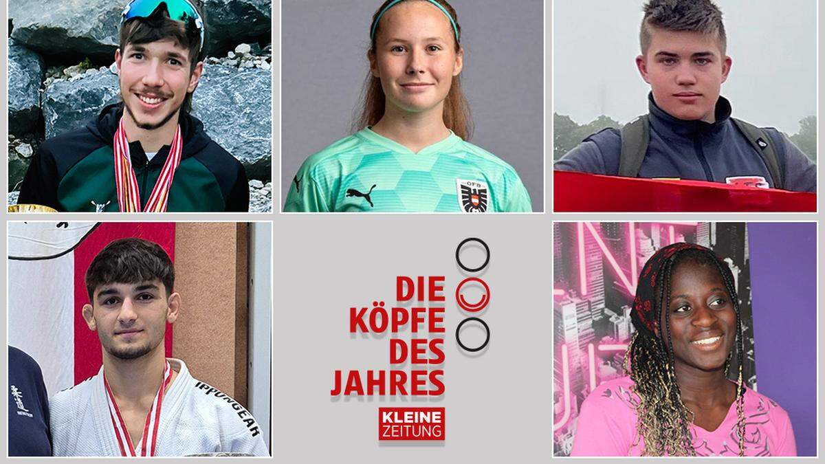 Die Nominierten: Batuchan Jusupov, Julian Burtscher, Sarah Trinkl, Manuel Jöbstl, Popèe Pototschnig (von links unten im Uhrzeigersinn)