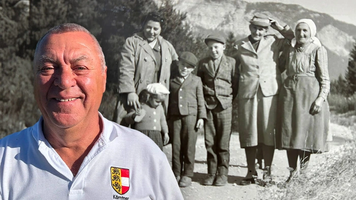 Frank mit seinem Polo-Shirt, dahinter ein Bild mit der Familie in Villach 1960