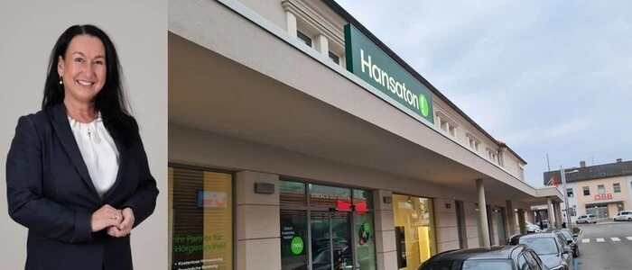 Man sieht eine Frau und ein Geschäft mit der Aufschrift „Hansaton“