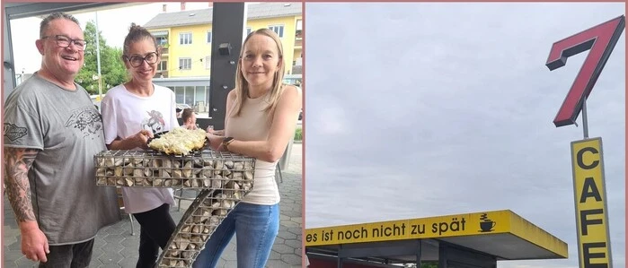 Zwei Frauen und ein Mann stehen vor dem Café 7