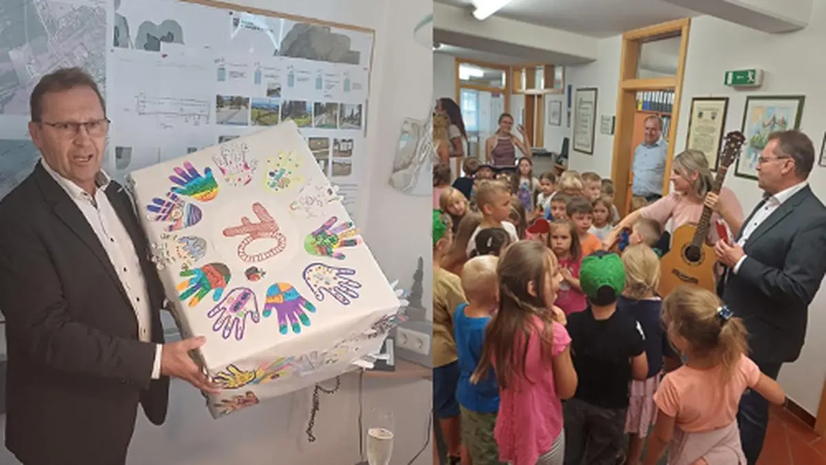 Auf der Gemeinde haben jede Menge Gratulanten auf Bürgermeister Karl Markut gewartet, so auch die Kindergartenkinder