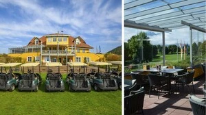Auf der Terrasse gibt es einen schönen Ausblick über den Golfplatz