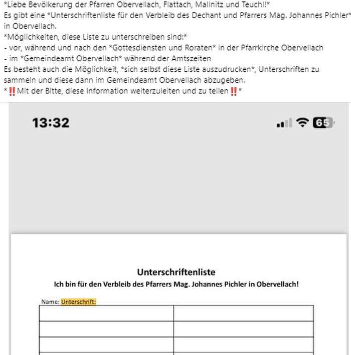 Diese Unterschriftenliste wird seit Samstag auf der Plattform Facebook geteilt