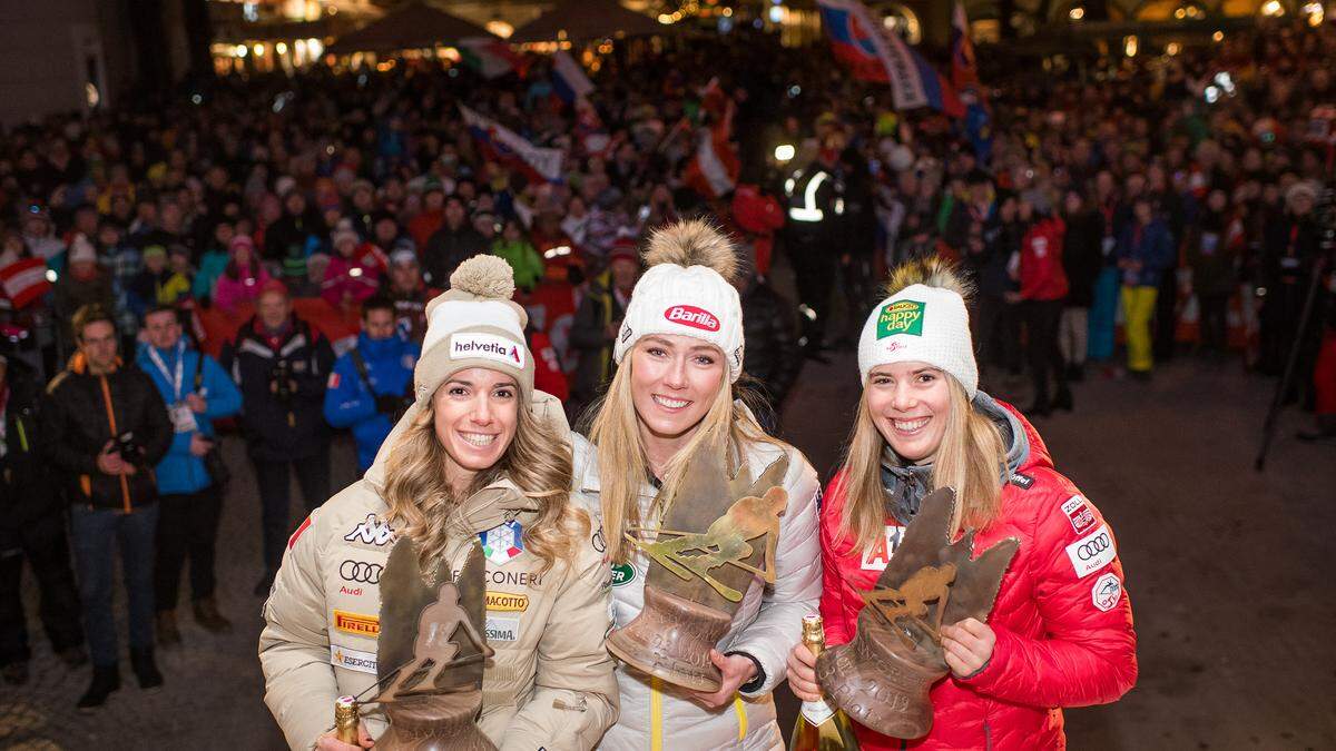2019 standen beim Weltcup in Lienz Marta Bassino (2. Platz), Mikaela Shiffrin (1. Platz) und Katharina Liensberger (3. Platz) auf dem Stockerl