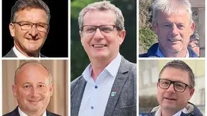 Ein Fotomontage mit den fünf Portaits der Spitzenkanditaten | Bürgermeister Thomas Schäfauer (Mitte) bekommt bei der nächsten Wahl Mitstreiter: Wolfgang Klinar, Horst Zwischenberger, Hellmuth Koch und Roman Grechenig (von links oben nach links unten)